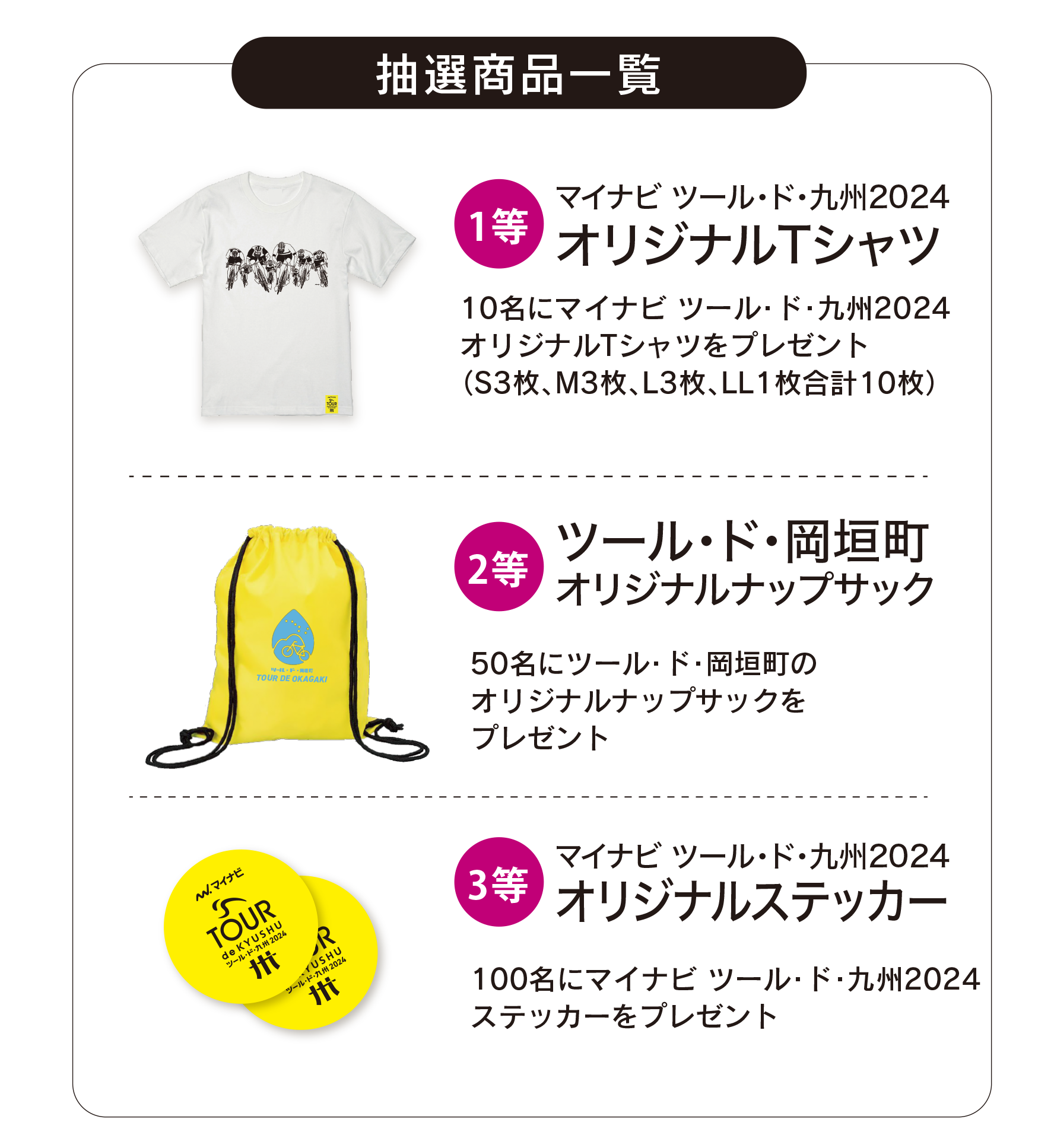 抽選商品一覧　1等／マイナビ ツール・ド・九州2024 オリジナルTシャツ　2等／ツール・ド・岡垣町 オリジナルナップサック　3等／マイナビ ツール・ド・九州2024 オリジナルステッカー